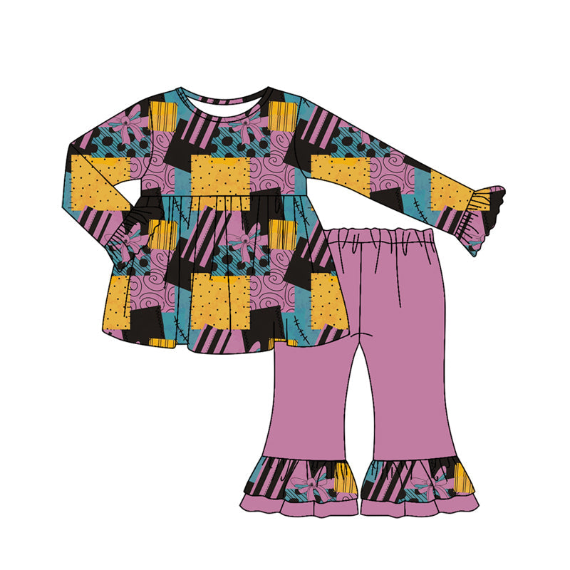 ( Moq 5 ) Preorder Baby Girl Long Sleeves Halloween Bows Plaid Tunic Purple Pants Fall Set
