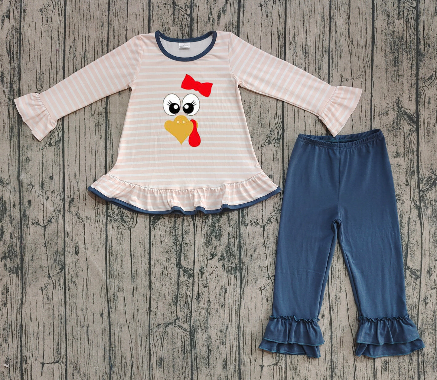 Preorder Baby Girl Long Sleeves Embroidery turkey Bow Stripes Tunic Pants Thanksgiving Fall Set（ No moq ）
