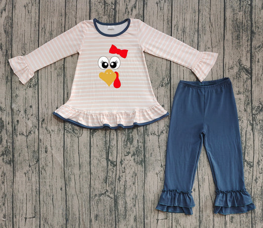 Preorder Baby Girl Long Sleeves Embroidery turkey Bow Stripes Tunic Pants Thanksgiving Fall Set（ No moq ）