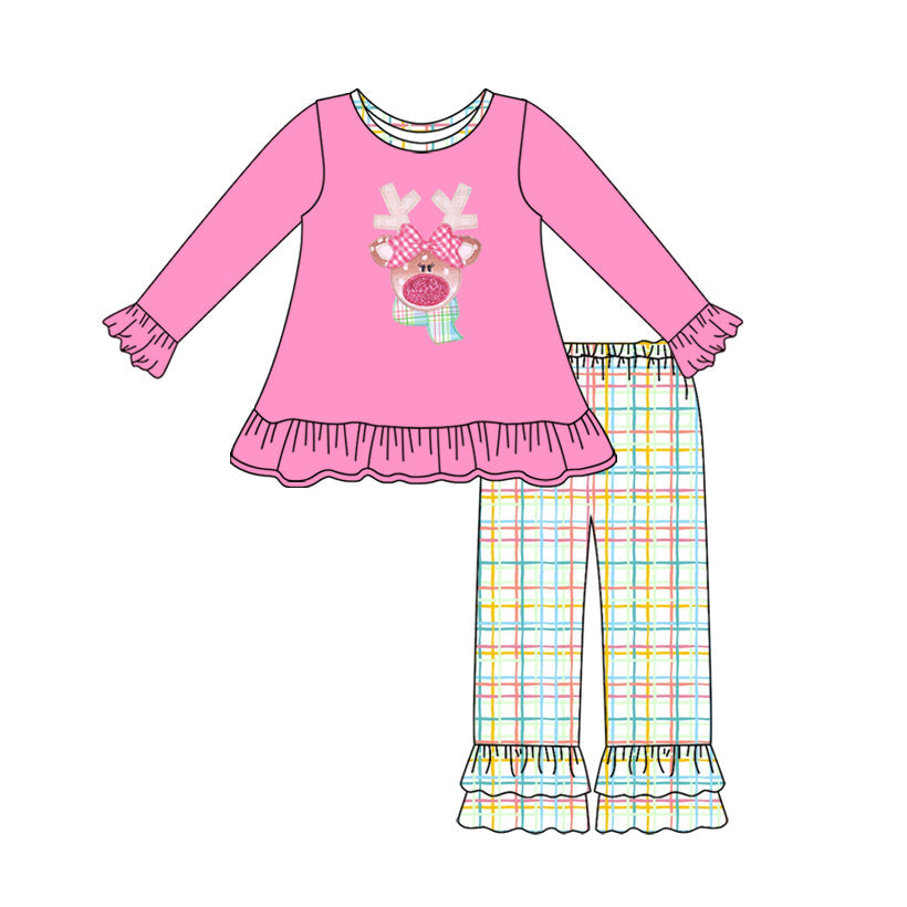 ( Moq 5 ) Preorder Baby Girl Long Sleeves Deer Christmas Pink Tunic Plaid Ruffle Pants Set