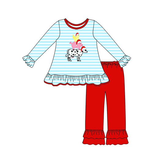 ( Moq 5 ) Preorder Baby Girl Long Sleeves Farm Animals Stripes Tunic Red Ruffle Pants Christmas Set
