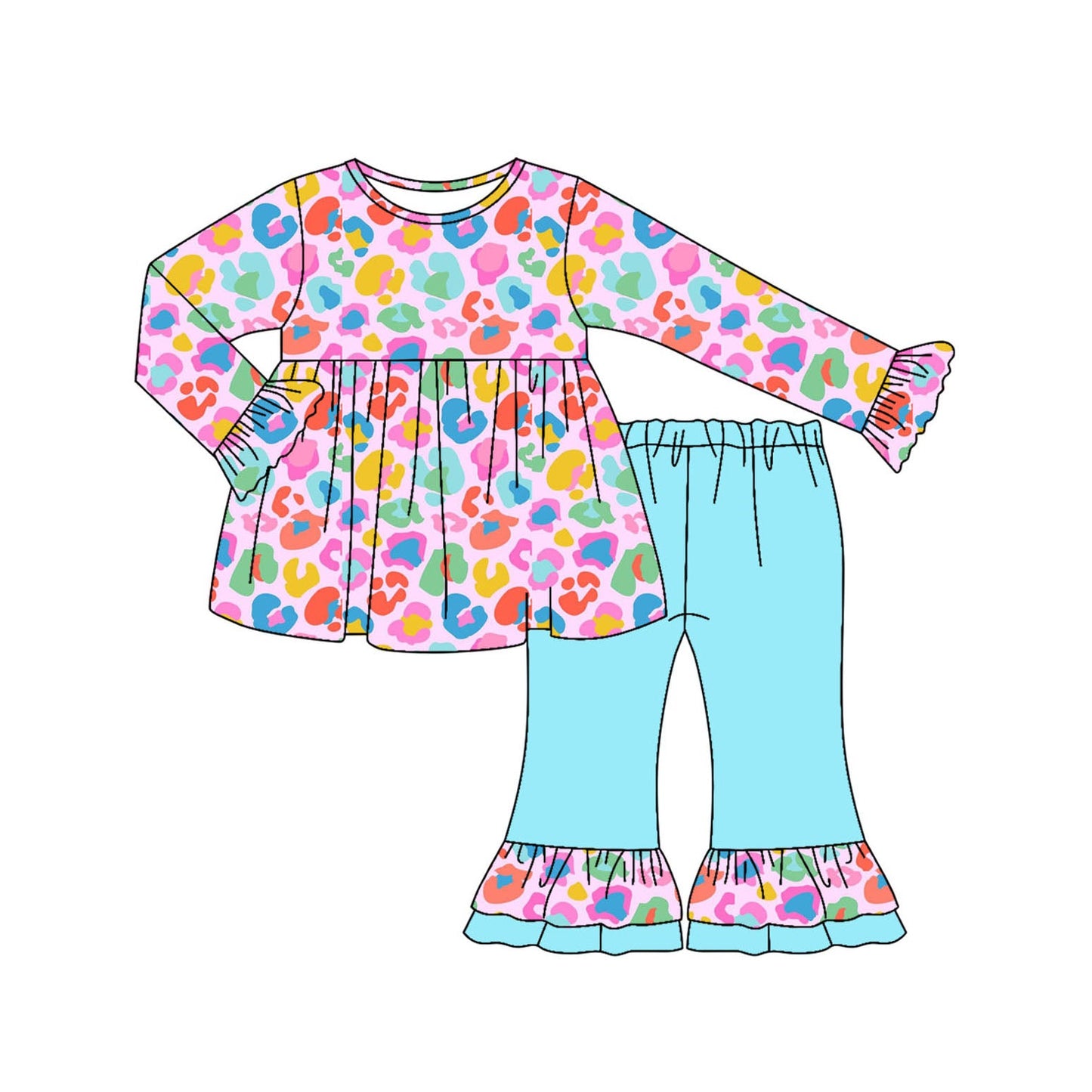 ( Moq 5 ) Preorder Baby Girl Long Sleeves Colorful Leopard Tunic Blue Ruffle Pants Set