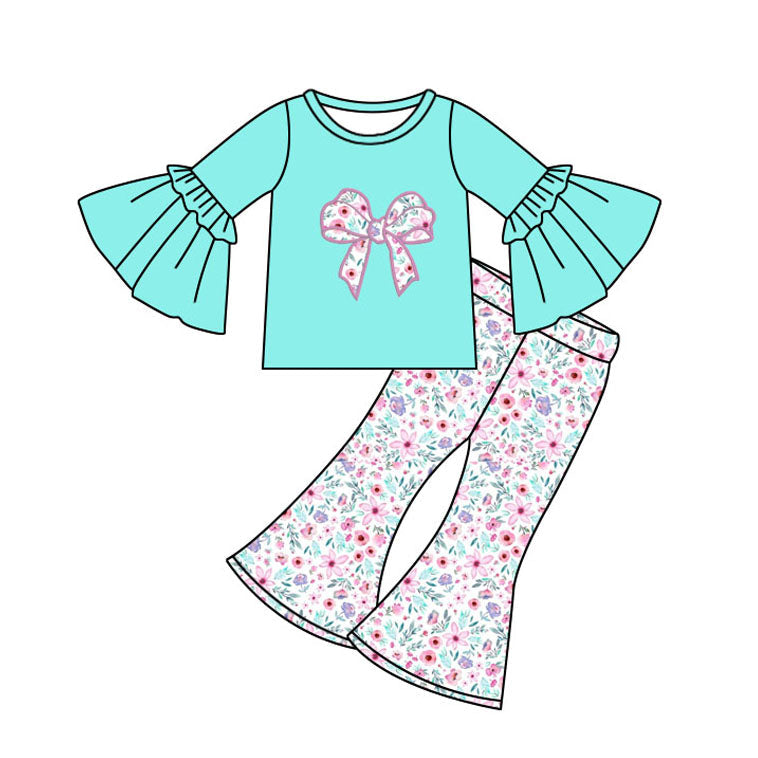 ( Moq 5 ) Preorder Baby Girl Long Sleeves Bow Blue Tunic Floral Bell Bottom Pants Set