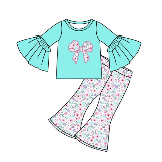 ( Moq 5 ) Preorder Baby Girl Long Sleeves Bow Blue Tunic Floral Bell Bottom Pants Set