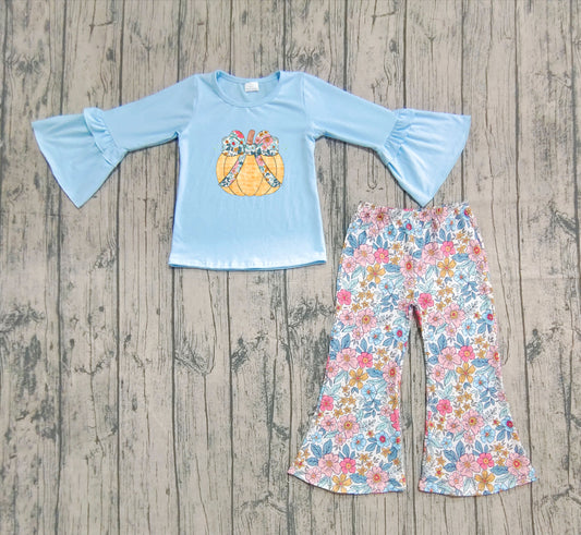 ( No moq ) Preorder Baby Girl Blue Long Sleeves Embroidery Bow Pumpkin Tunic Flower Pants Fall Set