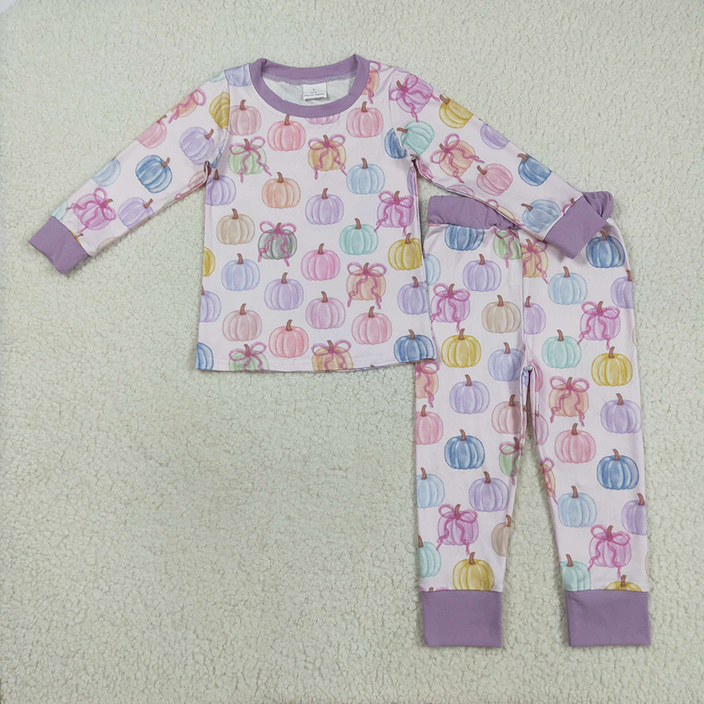 Baby Girl Long Sleeves Bows Pumpkins Sibling Thanksgiving Pajamas Zipper Romper Set RTS