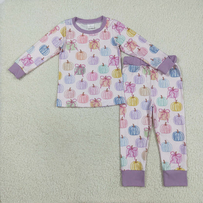 Baby Girl Long Sleeves Bows Pumpkins Sibling Thanksgiving Pajamas Zipper Romper Set RTS