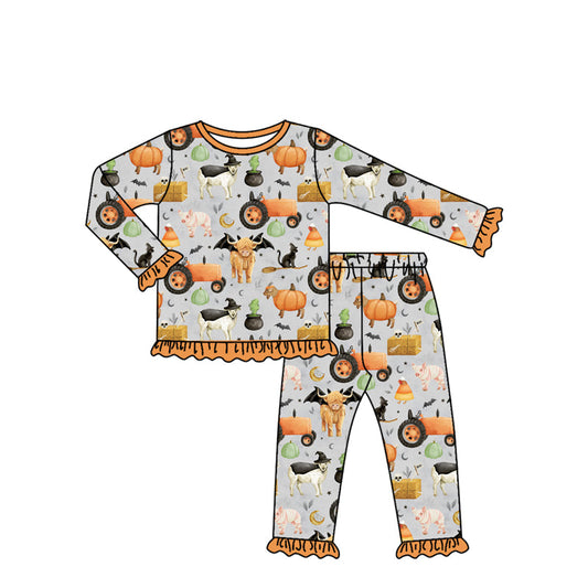 ( Moq 5 ) Preorder Baby Girl Long Sleeves Halloween Pumpkins Farm Animals Shirt Pants Pajamas Set