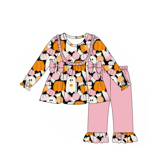 ( Moq 5 ) Preorder Baby Girl Long Sleeves Pumpkins Ghosts Bows Tunic Pants Halloween Set