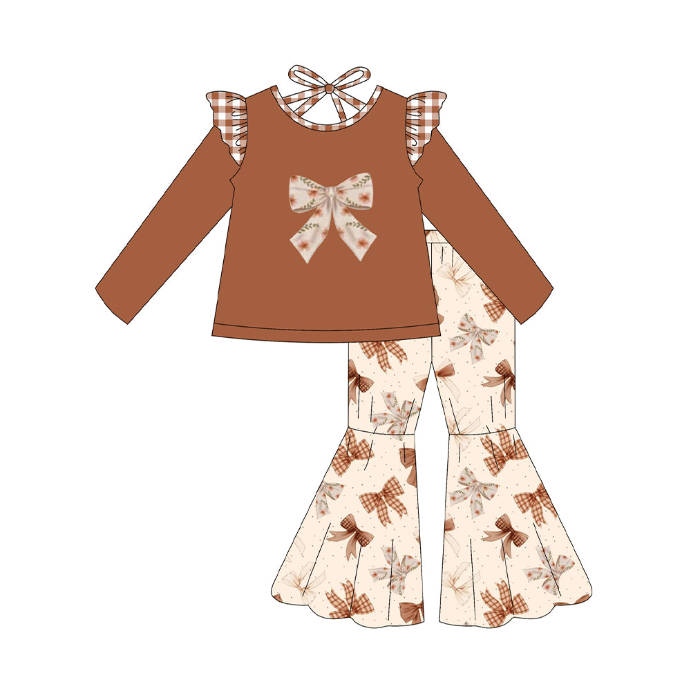 ( Moq 5 ) Preorder Baby Girt Brown Long Sleeves Shirt Plaid Bows Bell Pants Fall Set