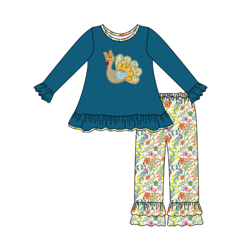 ( Moq 5 ) Preorder Baby Girl Blue Long Sleeves turkey Tunic Flower Pants Thanksgiving Fall Set