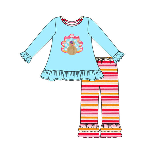( Moq 5 ) Preorder Baby Girl Blue Long Sleeves turkey Tunic Stripes Pants Thanksgiving Fall Set