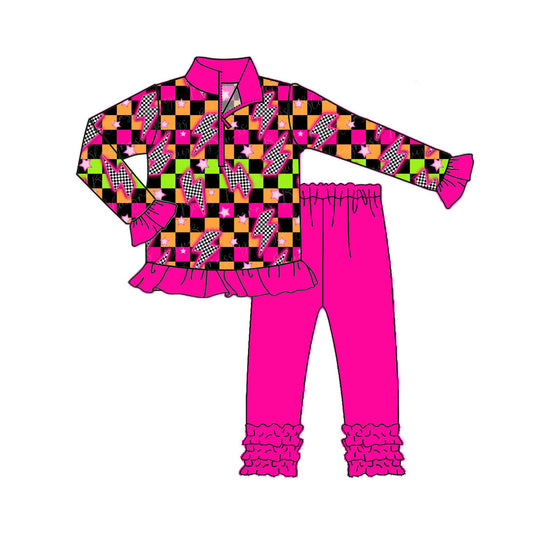 ( Moq 5 ) Preorder Baby Girl Long Sleeves Plaid Zipper Pullover Tops Pink Pants Set