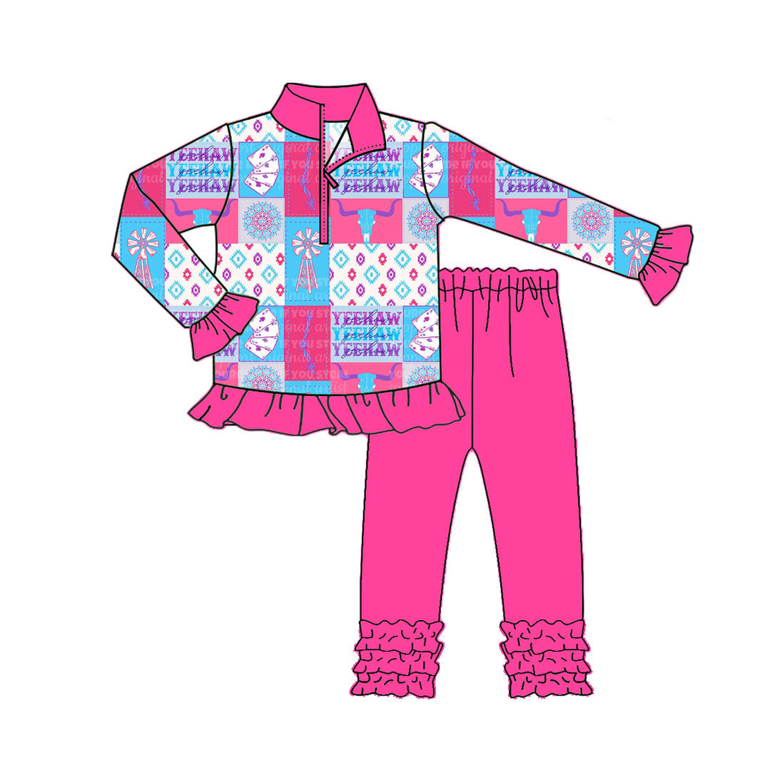 ( Moq 5 ) Preorder Baby Girl Long Sleeves Western Cow Aztec Zipper Tops Pink Pants Set