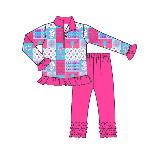 ( Moq 5 ) Preorder Baby Girl Long Sleeves Western Cow Aztec Zipper Tops Pink Pants Set