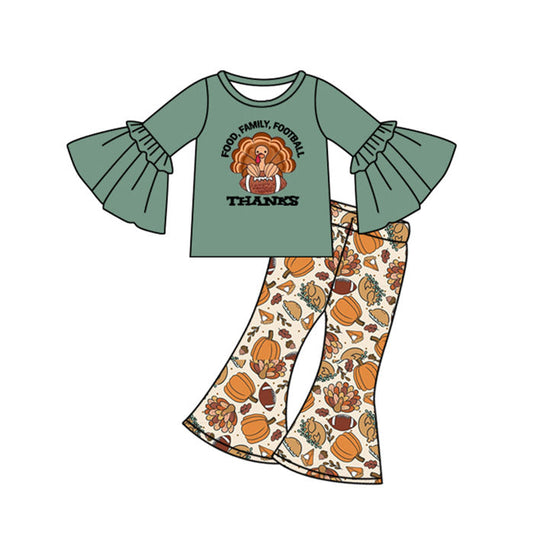 ( Moq 5 ) Preorder Baby Girl Green Long Sleeves turkey Tops Pumpkins Pants Thanksgiving Fall Set