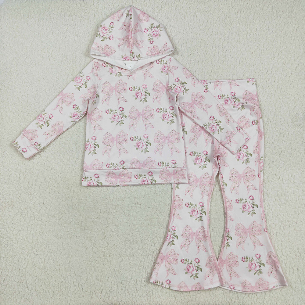 Baby Girl Long Sleeves Bows Floral Hoodie Shirt Bell Pants Clothes Pink Set RTS