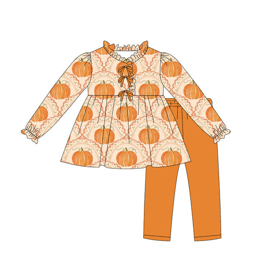 ( Moq 5 ) Preorder Baby Girl Toddler Long Sleeves Pumpkins Bows Tunic Orange Pants Fall Set