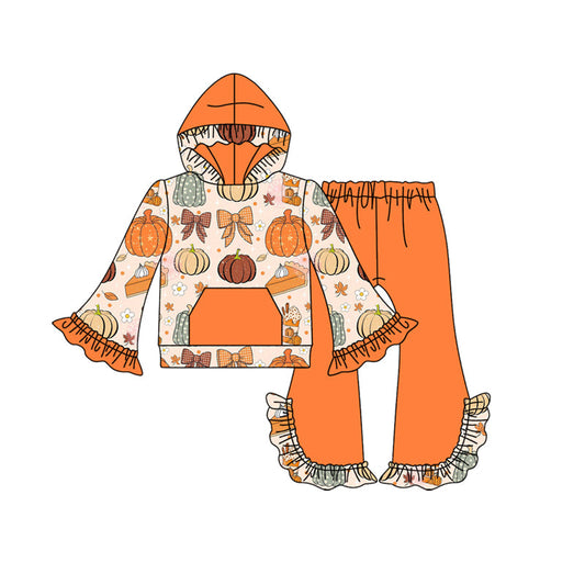 ( Moq 5 ) Preorder Baby Girl Long Sleeves Pumpkins Bows Flower Hoodie Pocket Tops Ruffle Pants Fall Set