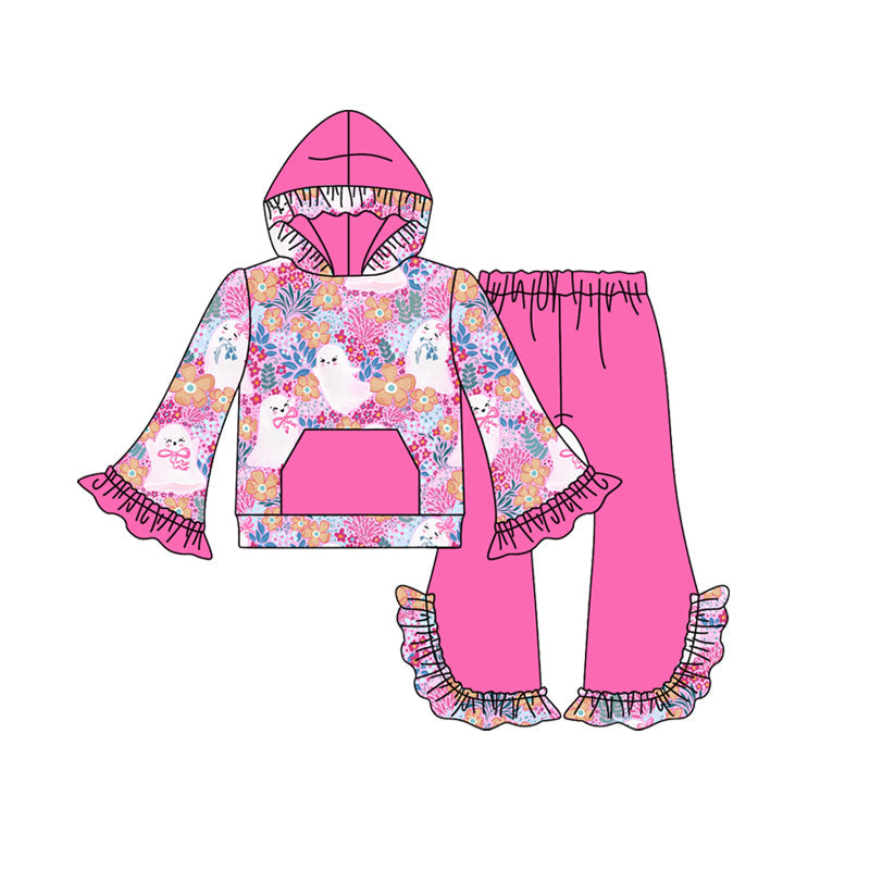 ( Moq 5 ) Preorder Baby Girl Long Sleeves Ghost Bows Flower Hoodie Shirt Pink Ruffle Pants Halloween Set