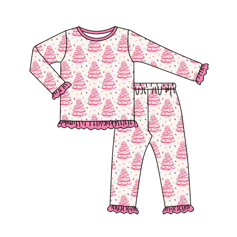 ( Moq 5 ) Preorder Baby Girl Long Sleeves Candy Tree Shirt Pants Christmas Pajamas Pink Set