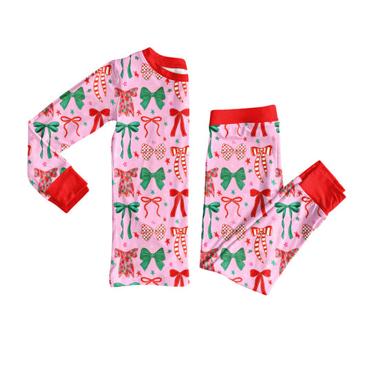 ( Moq 5 ) Preorder Baby Girl Long Sleeves Christmas Bows Shirt Pants Pajamas Set
