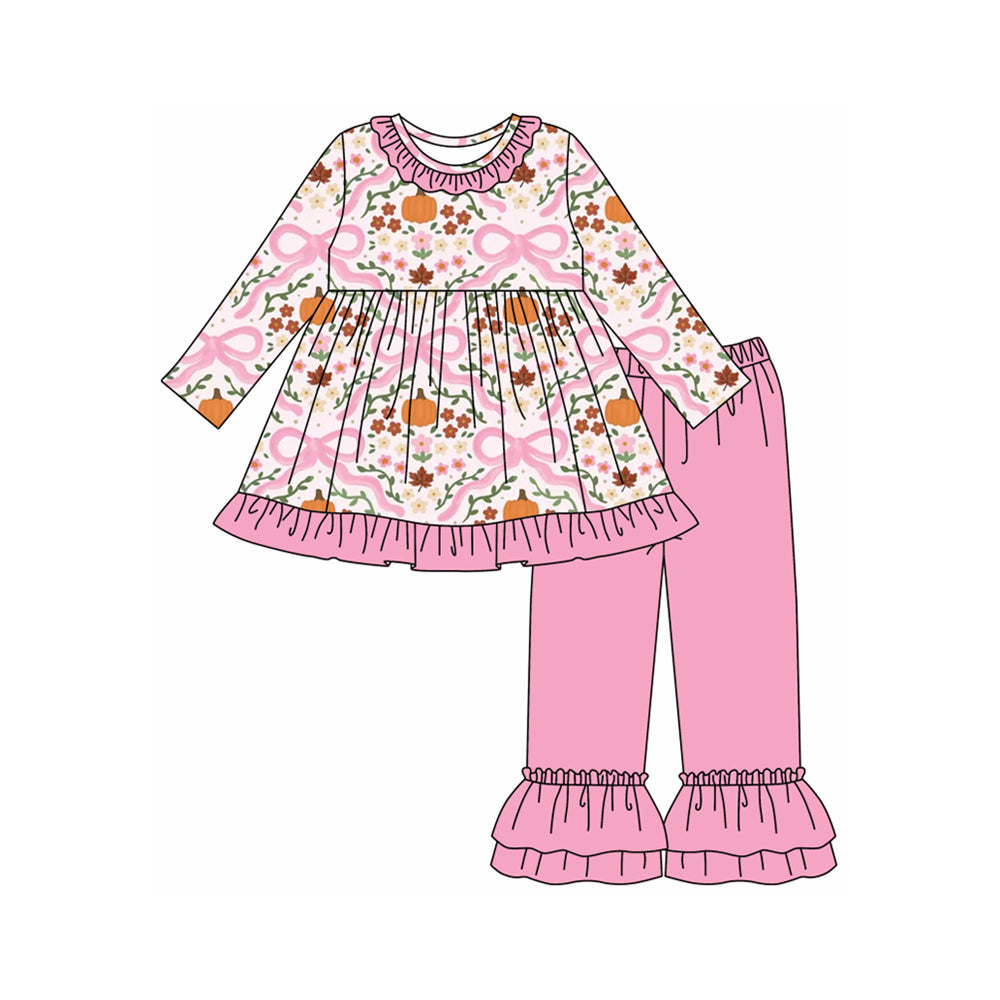 ( Moq 5 ) Preorder Baby Girl Long Sleeves Pumpkins Flower Bows Tunic Pink Pants Fall Set