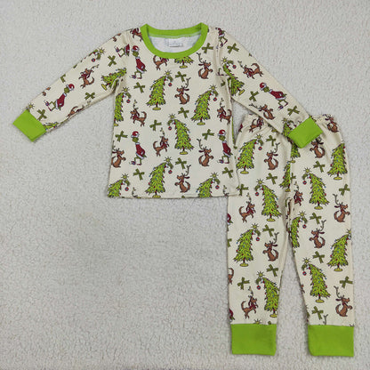 Baby Boy Long Sleeves Green Face Dogs Tree Christmas Sibling Pajamas Footie Romper Set RTS