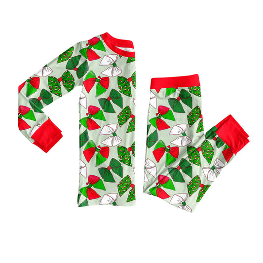 ( Moq 5 ) Preorder Baby Girl Long Sleeves Green Face Bows Shirt Christmas Pants Set