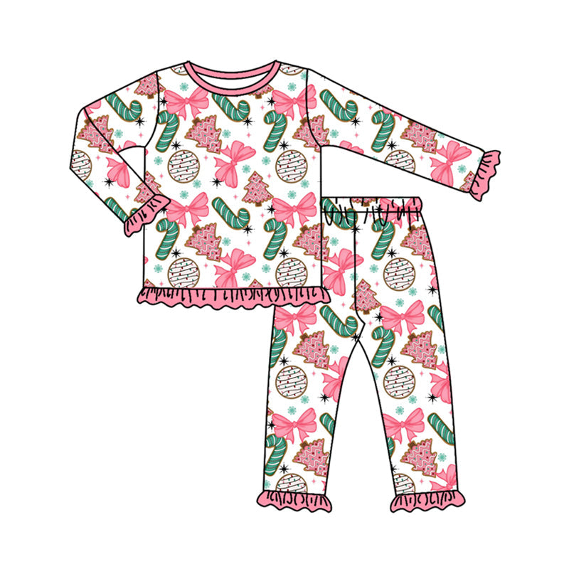 ( Moq 5 ) Preorder Baby Girl Long Sleeves Candy Cane Pink Bows Tree Shirt Pants Christmas Pajamas Set