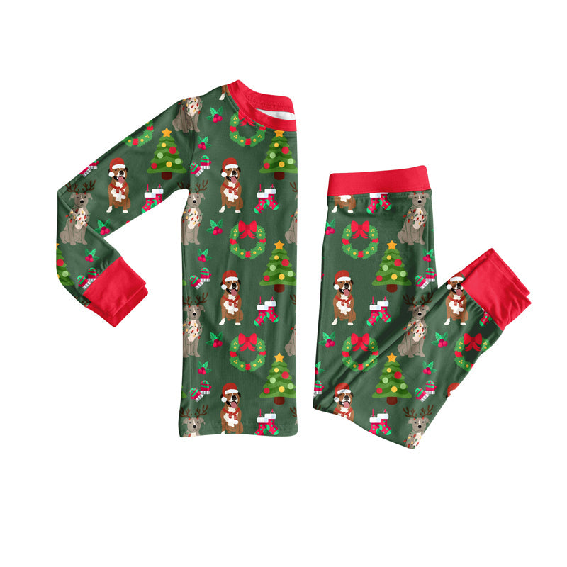 ( Moq 5 ) Preorder Baby Girl Long Sleeves Holly Bows Dogs Shirt Pants Christmas Pajamas Set