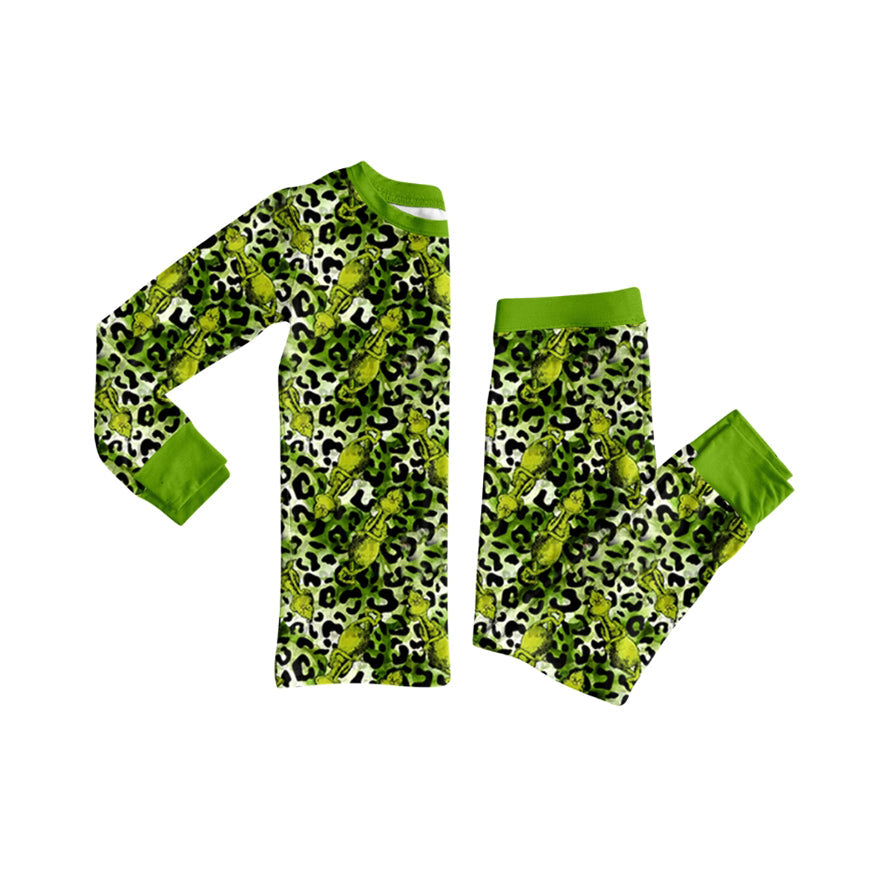 ( Moq 5 ) Preorder Baby Girl Long Sleeves Green Face Leopard Shirt Pants Christmas Pajamas Set