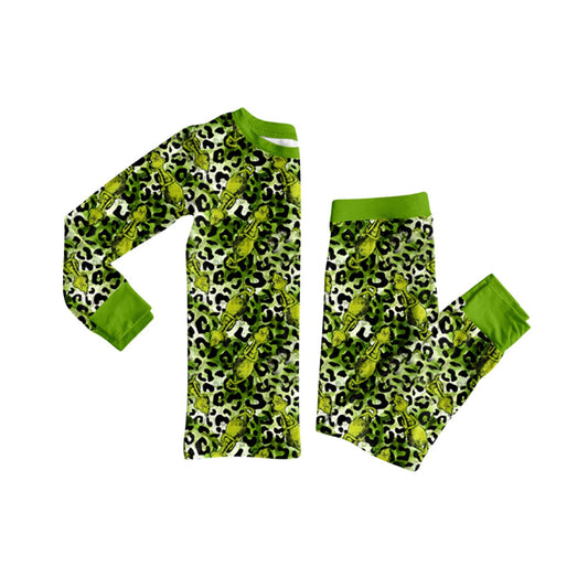 ( Moq 5 ) Preorder Baby Girl Long Sleeves Green Face Leopard Shirt Pants Christmas Pajamas Set