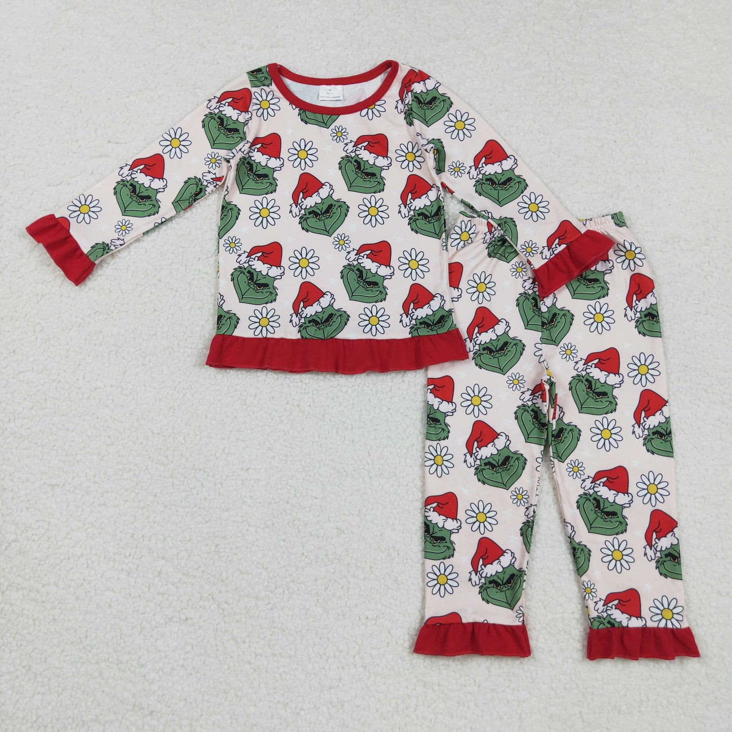 Kids Girls Long Sleeves Green Face Flower Christmas Sibling Pajamas Footie Romper Dress Set RTS