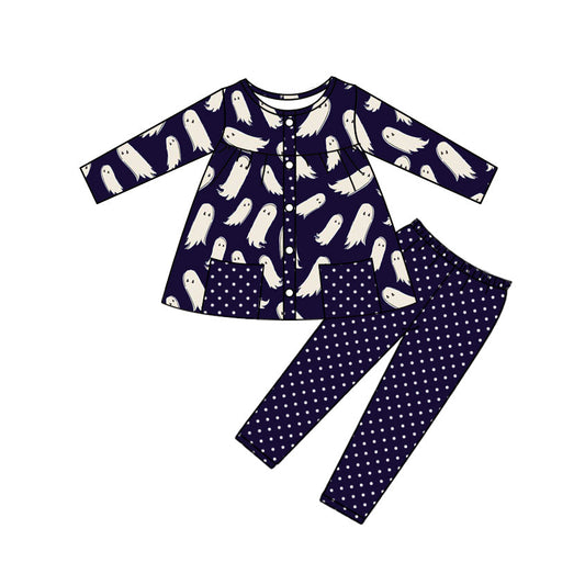 ( Moq 5 ) Preorder Baby Girl Long Sleeves Ghosts Pockets Black Tunic Stripes Pants Halloween Set