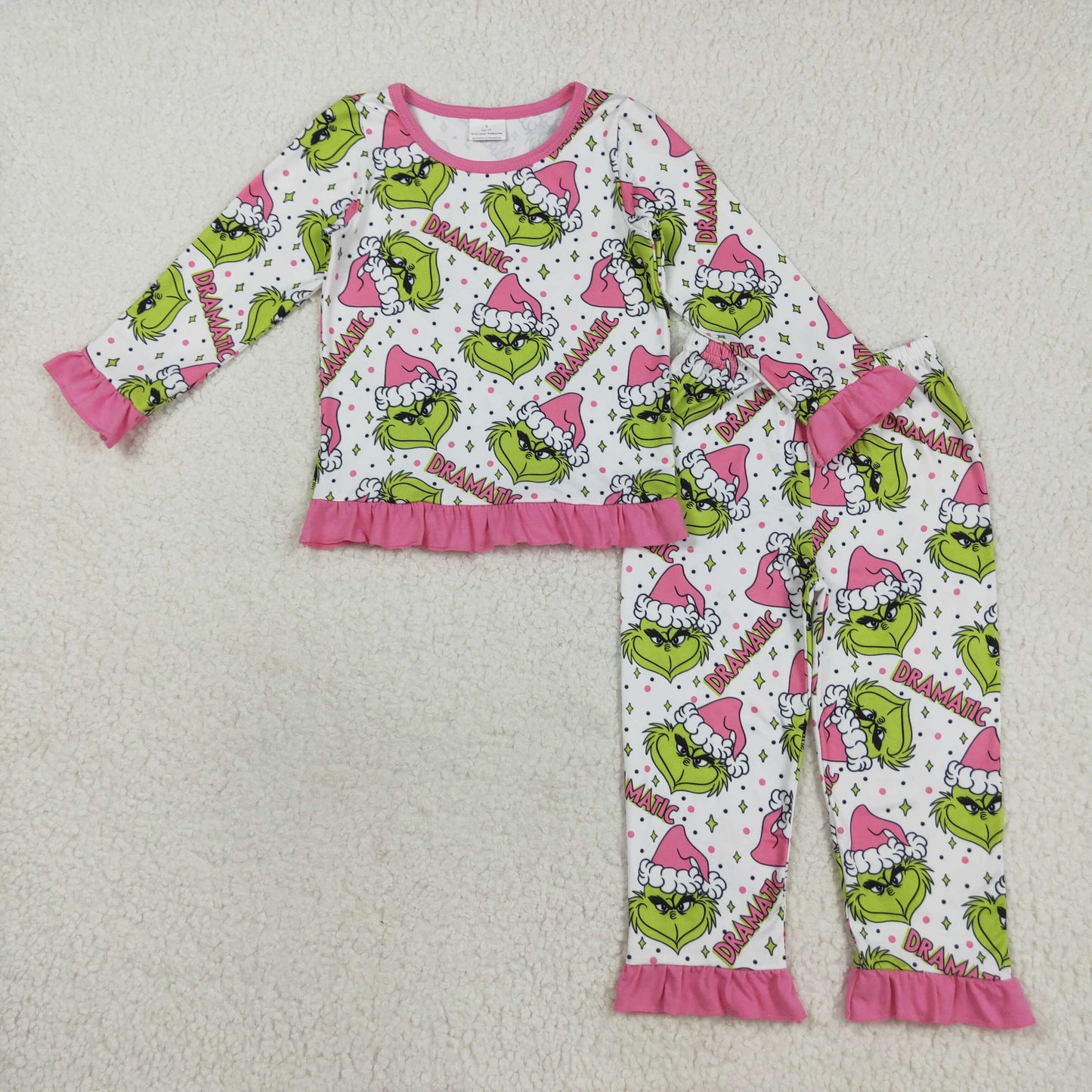 Girls Kids Green Face Pink Ruffle Zipper Footie Romper Pajamas Set Sibling Christmas Clothes RTS