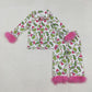 Girls Kids Bows Plaid Green Face Buttons Shirt Pants Sibling Fur Pajamas Christmas Set RTS