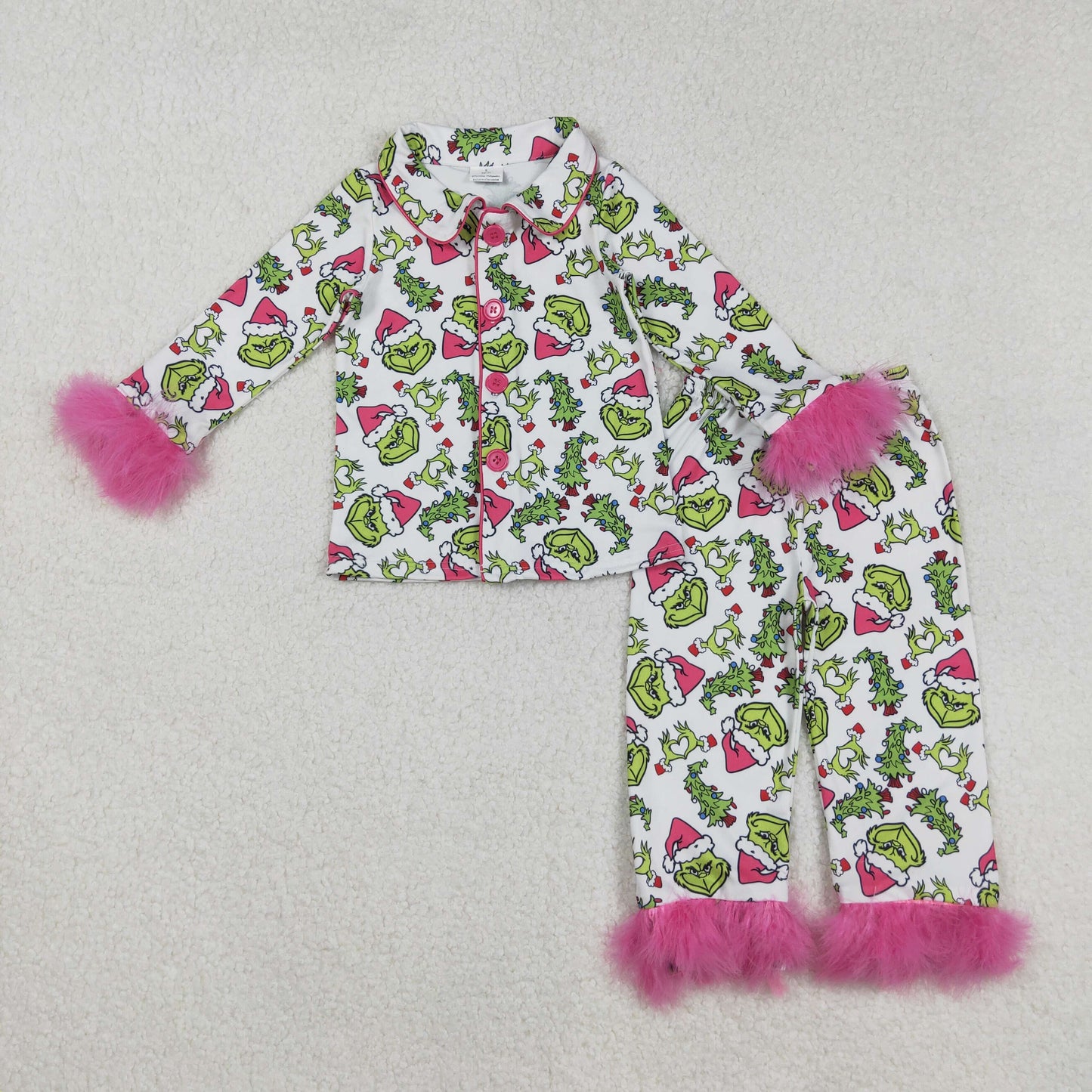 Girls Kids Bows Plaid Green Face Buttons Shirt Pants Sibling Fur Pajamas Christmas Set RTS