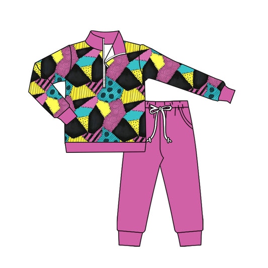 ( Moq 5 ) Preorder Baby Girl Long Sleeves Zipper Shirt Purple Pockets Pants Halloween Set