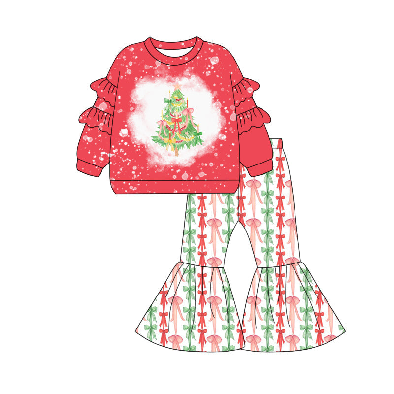( Moq 5 ) Preorder Baby Girl Long Sleeves Tree Shirt Green Red Bows Bell Pants Christmas Clothes Set
