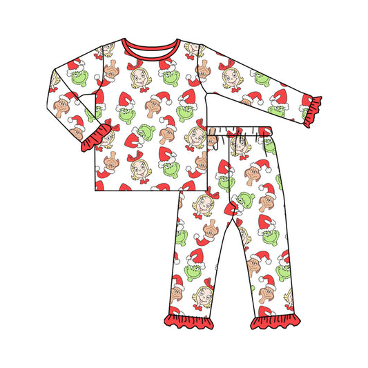( Moq 5 ) Preorder Baby Girl Long Sleeves Green Face Shirt Pants Christmas Pajamas Clothes Set