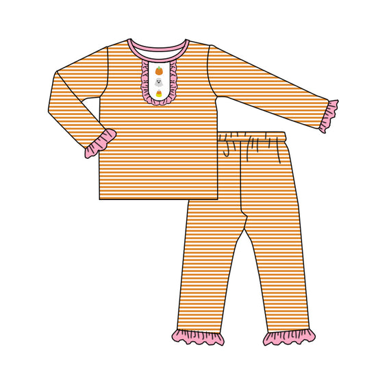 ( Moq 5 ) Preorder Baby Girl Long Sleeves Ghost Candy Corn Shirt Stripes Pants Halloween Pajamas Set
