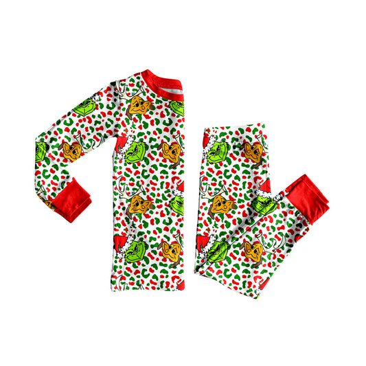 ( Moq 5 ) Preorder Baby Girl Long Sleeves Green Face Leopard Shirt Pants Christmas Set