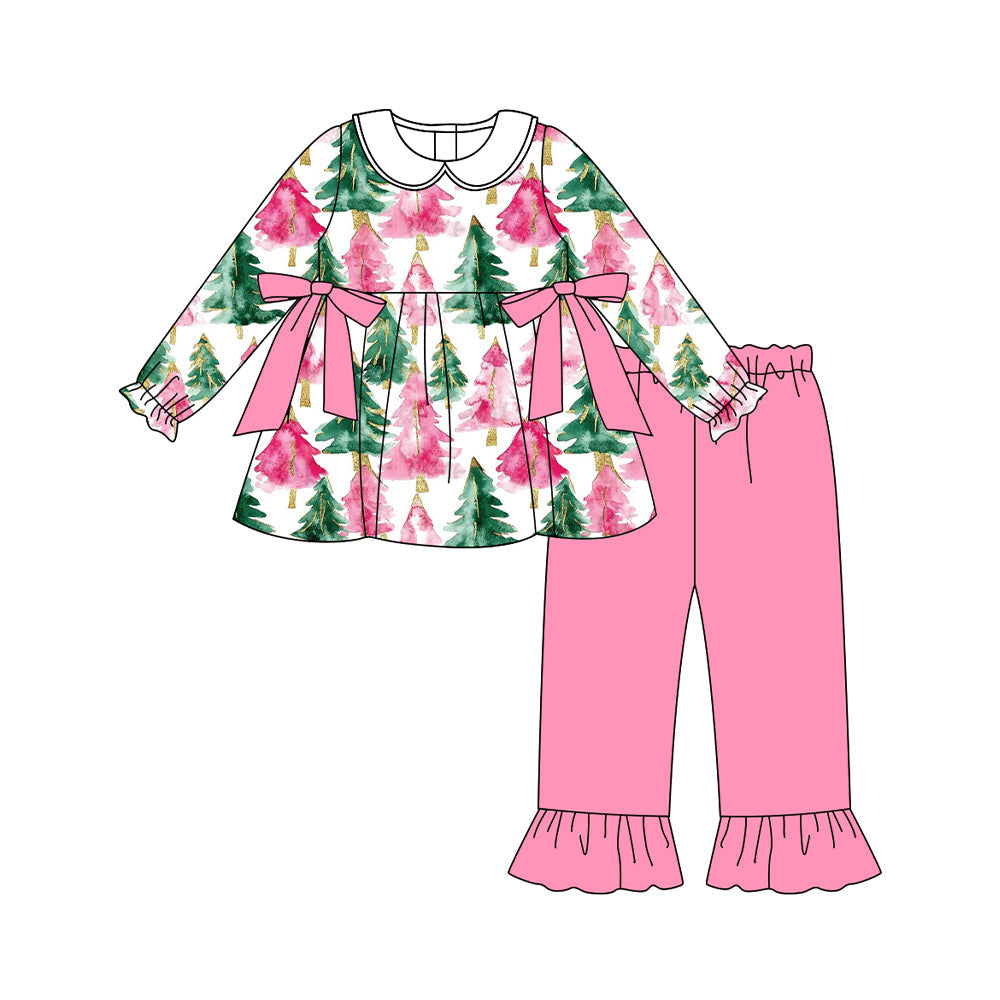 ( Moq 5 ) Preorder Baby Girl Long Sleeves Tree Bows Tunic Pink Pants Christmas Set