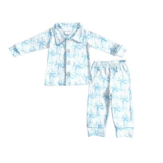 ( Moq 5 ) Preorder Baby Girl Long Sleeves Blue Bows Buttons Shirt Pants Pajamas Set