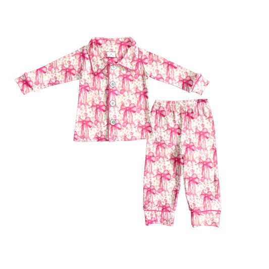 ( Moq 5 ) Preorder Baby Girl Long Sleeves Pink Bows Buttons Shirt Pants Pajamas Set