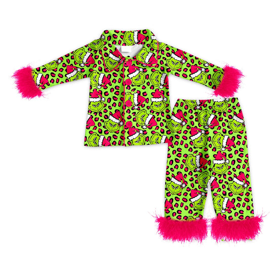( Moq 5 ) Preorder Adult Women Fur Long Sleeves Green Face Leopard Buttons Shirt Pants Christmas Pajamas Set