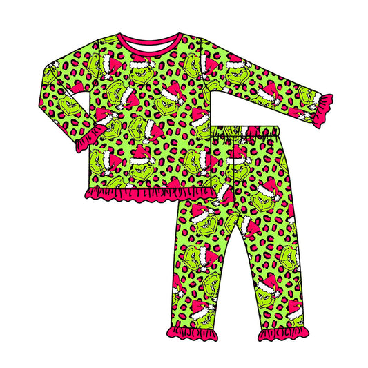 ( Moq 5 ) Preorder Baby Girl Long Sleeves Green Face Leopard Shirt Pants Christmas Pajamas Set