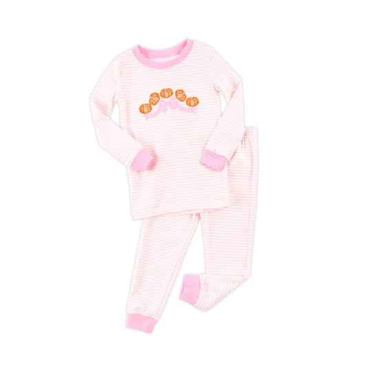 ( Moq 5 ) Preorder Baby Girl Long Sleeves Pumpkins Bows Shirt Stripes Pants Fall Pajamas Set