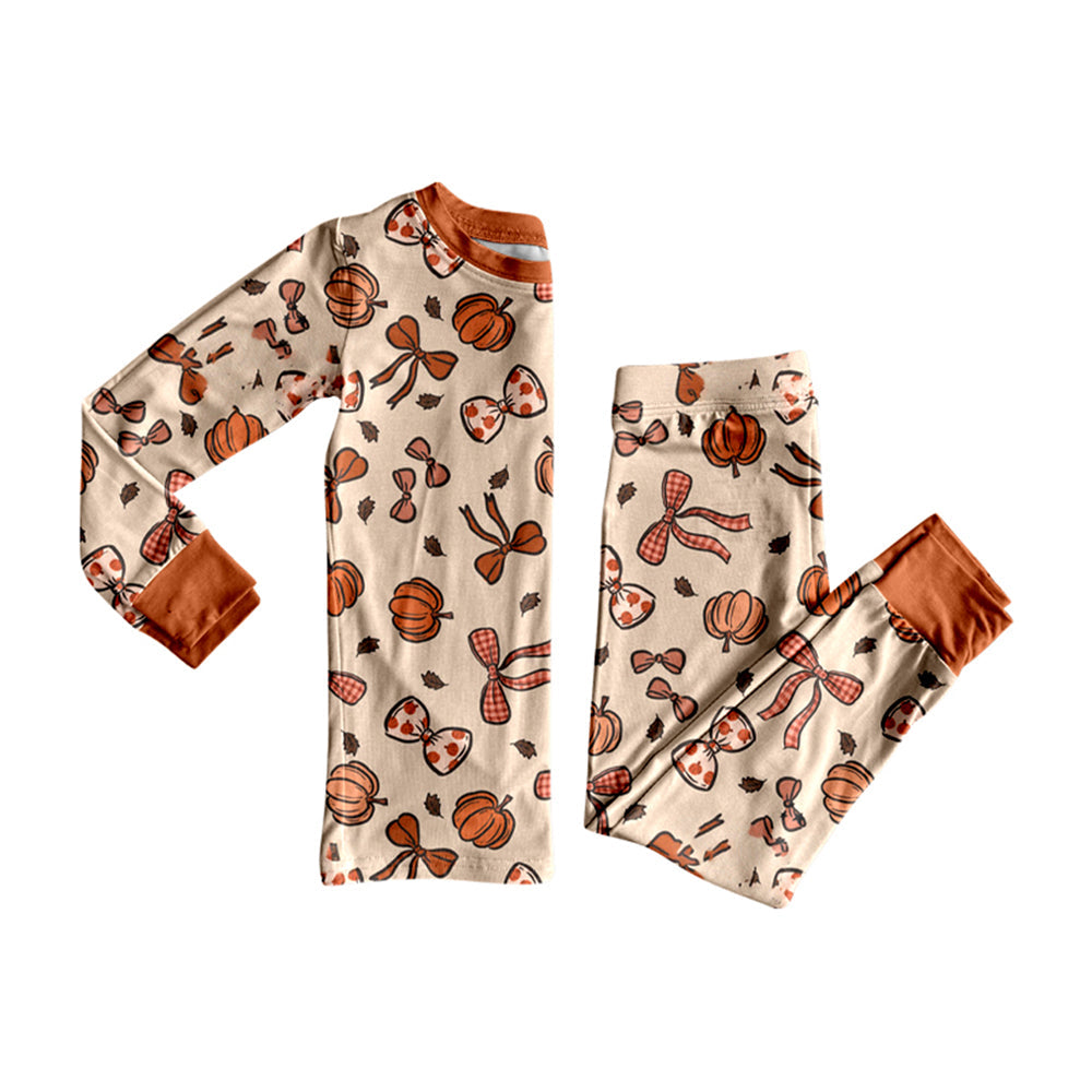 ( Moq 5 ) Preorder Baby Girl Long Sleeves Pumpkins Bows Shirt  Pants Fall Pajamas Set
